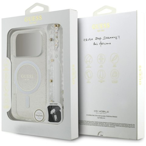 Guess nakładka IML Glitter Pearl Strap MagSafe do iPhone 17 Pro Max transparentna