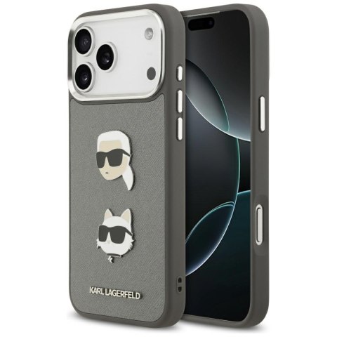 Karl Lagerfeld nakładka FW Grained Karl & Choupette Heads Pins & Logo do iPhone 17 Pro Max szara
