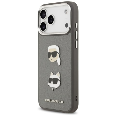 Karl Lagerfeld nakładka FW Grained Karl & Choupette Heads Pins & Logo do iPhone 17 Pro Max szara