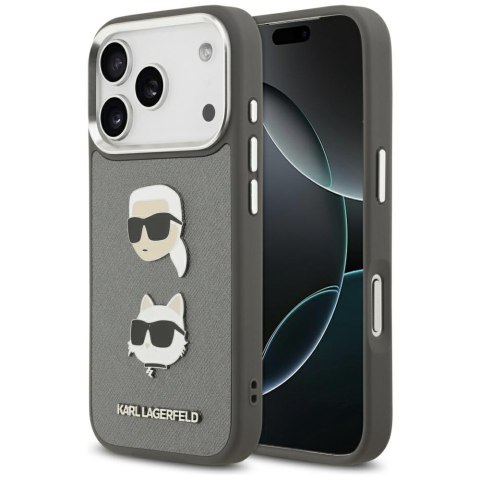 Karl Lagerfeld nakładka FW Grained Karl & Choupette Heads Pins & Logo do iPhone 17 Pro szara