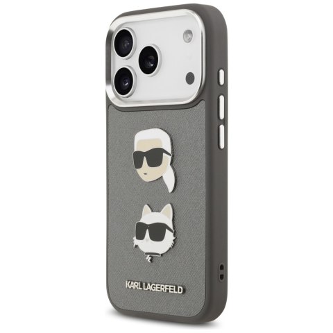 Karl Lagerfeld nakładka FW Grained Karl & Choupette Heads Pins & Logo do iPhone 17 Pro szara