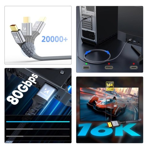Kabel Wozinsky WPS-16AYL1S DisplayPort 2.1 Certyfikowany VESA 80 Gb/s 16K@60Hz 8K@120Hz 4K@240Hz HDR HDCP DSC 1m - czarny