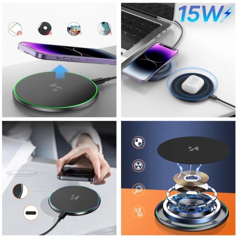 Ładowarka indukcyjna Wozinsky WLI-01Y 15W Qi z kablem USB-C - czarny