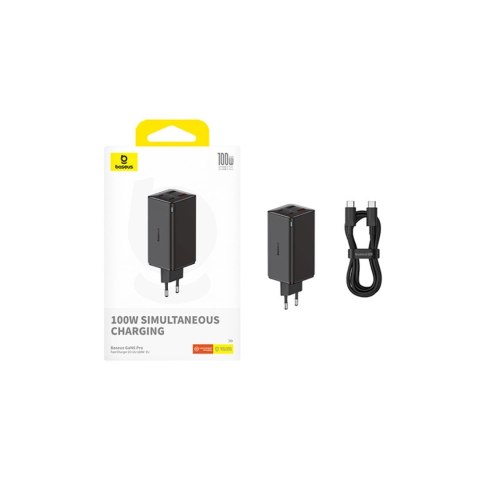 Ładowarka Baseus GaN6 Pro 100W 2 x USB-C 2 x USB-A z czarnym kablem USB-C 100W 1m - czarna