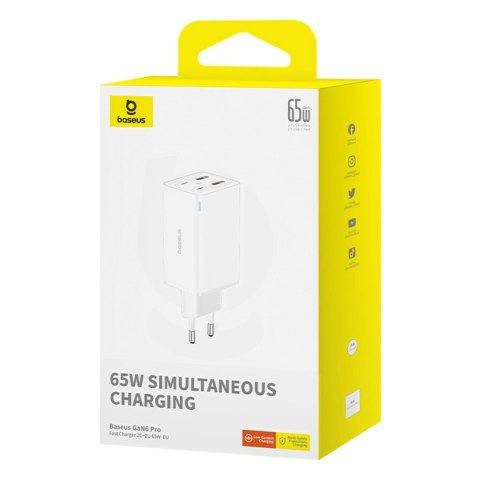 Ładowarka Baseus GaN6 Pro 65W 2 x USB-C 2 x USB-A z czarnym kablem USB-C 100W 1m - biała