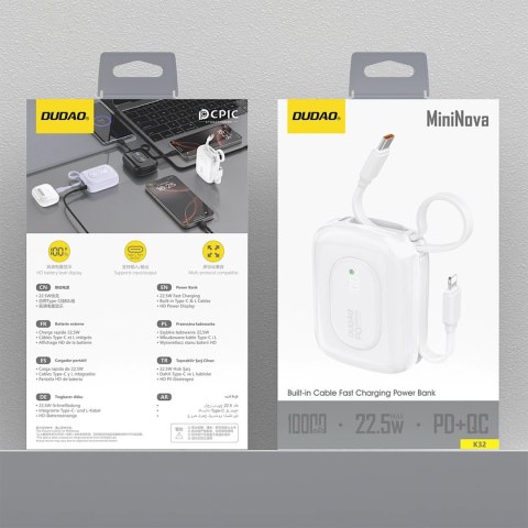 Powerbank Dudao K32 22,5W 10000 mAh z wbudowanym kablem USB-C/Lightning - biały