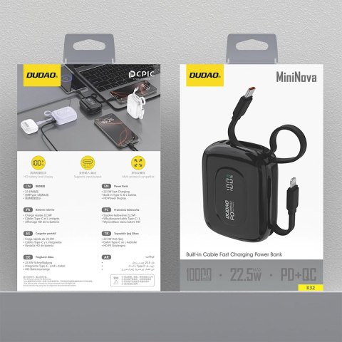Powerbank Dudao K32 22,5W 10000 mAh z wbudowanym kablem USB-C/Lightning - czarny