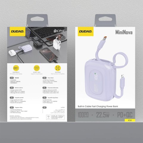 Powerbank Dudao K32 22,5W 10000 mAh z wbudowanym kablem USB-C/Lightning - fioletowy