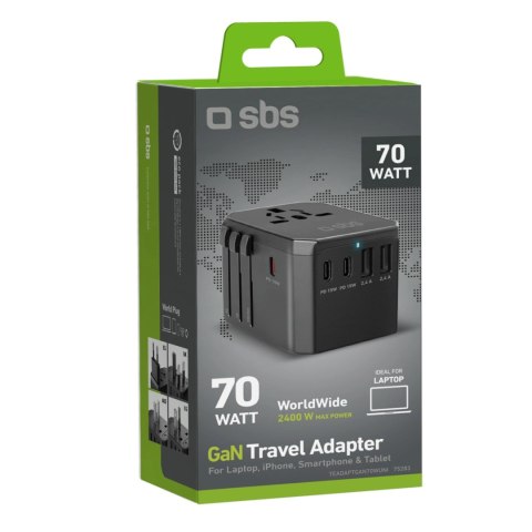 Adapter podróżny SBS uniwersalny GaN 70W 3xUSB-C 2xUSB-A z etui - czarny Adapter podróżny SBS uniwersalny GaN 70W 3xUSB-C 2xUSB-A z etui - czarny
