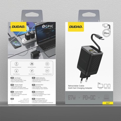 Ładowarka sieciowa Dudao A67EU GaN 67W z wbudowanym zwijanym kablem USB-C Power Delivery Quick Charge - czarna