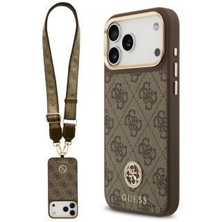 Etui Guess 4G Strass Logo & Big Strap Metal Buttons MagSafe na iPhone 17 Pro Max - brązowe