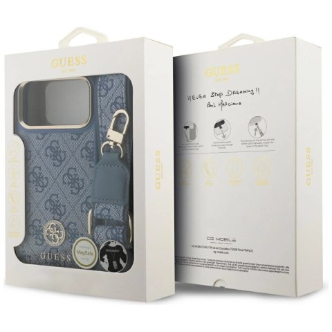 Etui Guess 4G Strass Logo & Big Strap Metal Buttons MagSafe na iPhone 17 Pro Max - niebieskie
