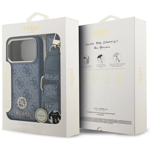 Etui Guess 4G Strass Logo & Big Strap Metal Buttons MagSafe na iPhone 17 Pro - niebieskie