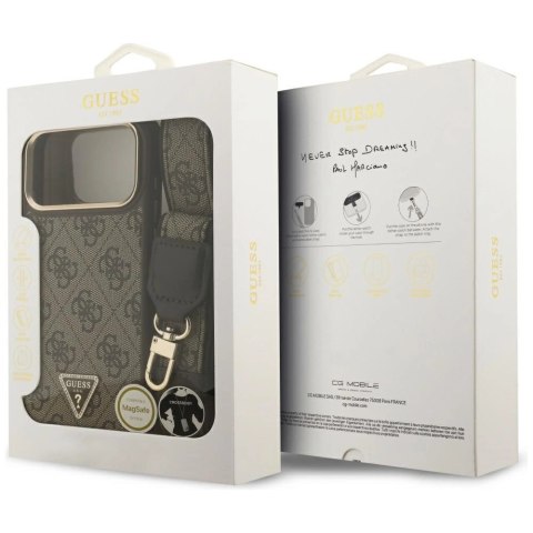 Etui Guess 4G Triangle Logo & Big Strap Metal Buttons MagSafe na iPhone 17 Pro Max - brązowe