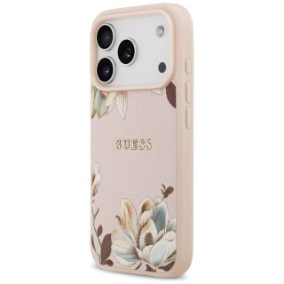 Etui Guess Grained Flowers Classic Logo MagSafe do iPhone 17 Pro Max - różowe