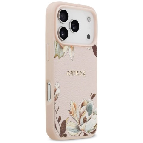 Etui Guess Grained Flowers Classic Logo MagSafe do iPhone 17 Pro Max - różowe