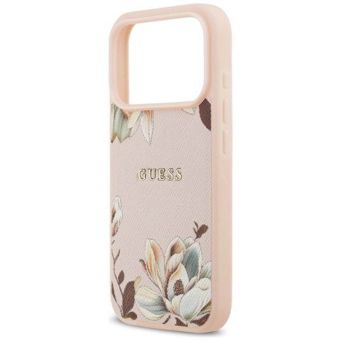 Etui Guess Grained Flowers Classic Logo MagSafe do iPhone 17 Pro Max - różowe