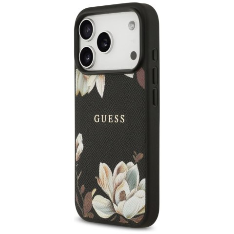 Etui Guess Grained Flowers Classic Logo MagSafe do iPhone 17 Pro - czarne