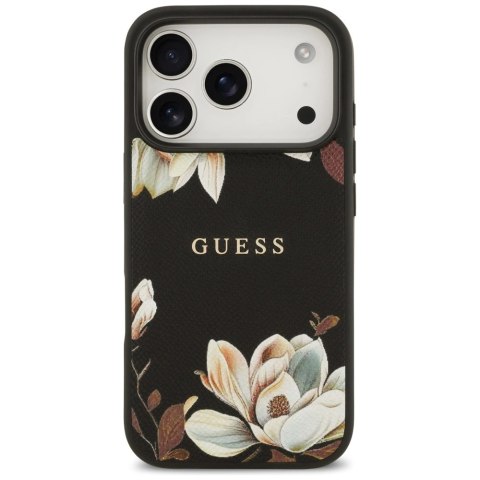 Etui Guess Grained Flowers Classic Logo MagSafe do iPhone 17 Pro - czarne