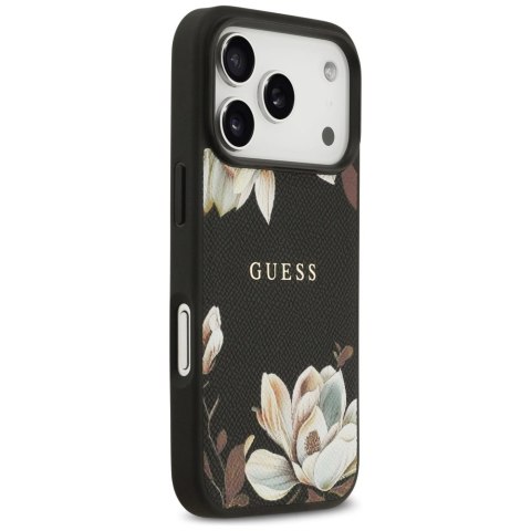 Etui Guess Grained Flowers Classic Logo MagSafe do iPhone 17 Pro - czarne