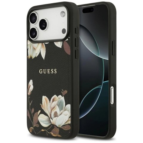 Etui Guess Grained Flowers Classic Logo MagSafe na iPhone 17 Pro Max - czarne