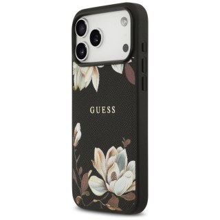 Etui Guess Grained Flowers Classic Logo MagSafe na iPhone 17 Pro Max - czarne