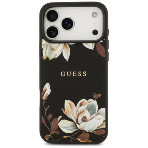 Etui Guess Grained Flowers Classic Logo MagSafe na iPhone 17 Pro Max - czarne