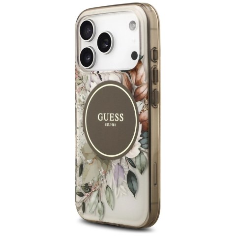 Etui Guess IML Flower & Tonal Circle MagSafe na iPhone 17 Pro - brązowe