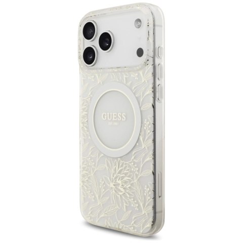 Etui Guess IML Flowers Electro Pearl Strap MagSafe na iPhone 17 Pro Max - białe
