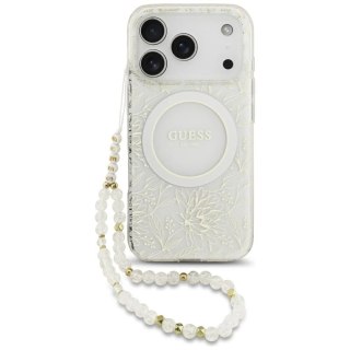 Etui Guess IML Flowers Electro Pearl Strap MagSafe na iPhone 17 Pro - białe