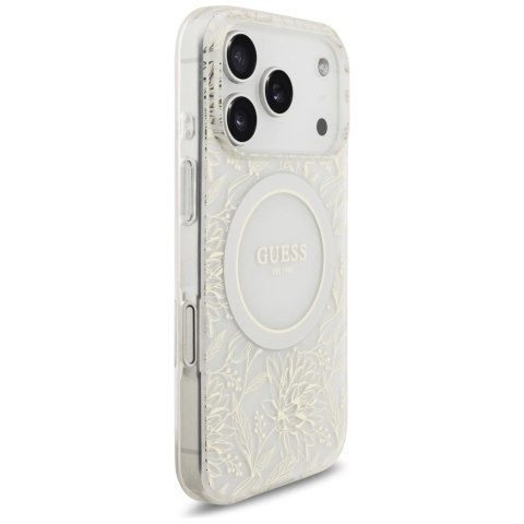 Etui Guess IML Flowers Electro Pearl Strap MagSafe na iPhone 17 Pro - białe