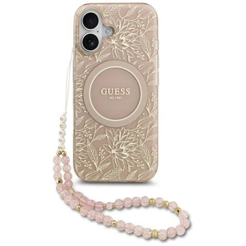 Etui Guess IML Flowers Electro Pearl Strap MagSafe na iPhone 17 - różowe