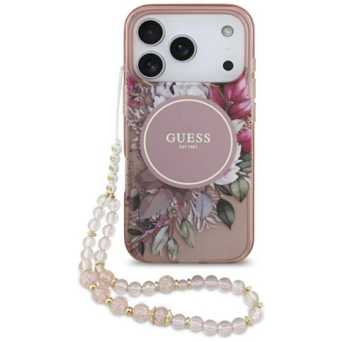 Etui Guess IML Flowers Pearl Strap MagSafe na iPhone 17 Pro - różowe