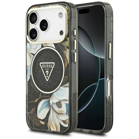 Etui Guess IML Glitter Flowers Triangle MagSafe do iPhone 17 Pro - czarne