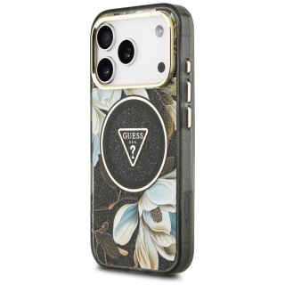 Etui Guess IML Glitter Flowers Triangle MagSafe do iPhone 17 Pro - czarne