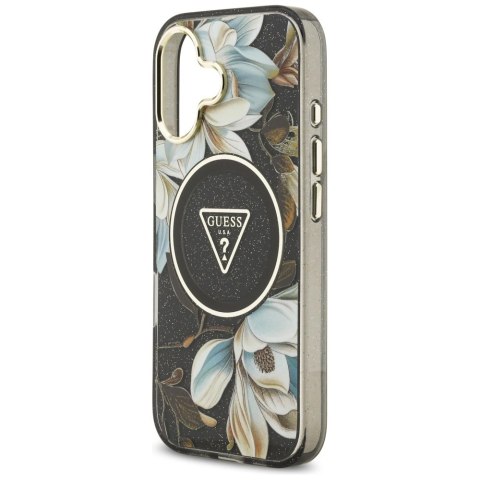 Etui Guess IML Glitter Flowers Triangle MagSafe do iPhone 17 - czarne