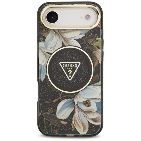 Etui Guess IML Glitter Flowers Triangle MagSafe do iPhone Air - czarne