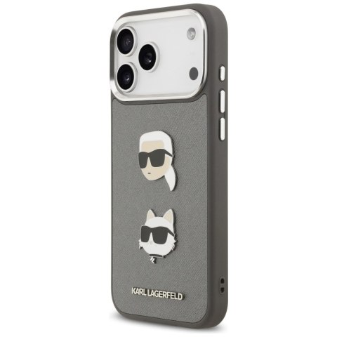 Etui Karl Lagerfeld FW Grained Karl & Choupette Heads Pins & Logo na iPhone 17 Pro Max - szare