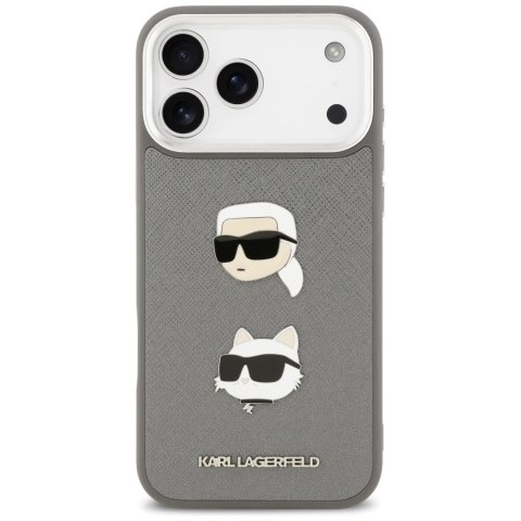 Etui Karl Lagerfeld FW Grained Karl & Choupette Heads Pins & Logo na iPhone 17 Pro Max - szare