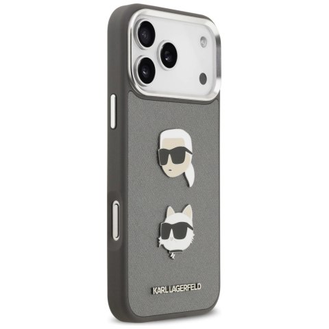 Etui Karl Lagerfeld FW Grained Karl & Choupette Heads Pins & Logo na iPhone 17 Pro Max - szare