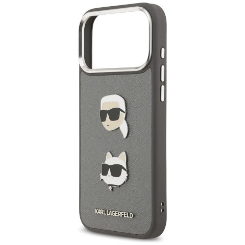 Etui Karl Lagerfeld FW Grained Karl & Choupette Heads Pins & Logo na iPhone 17 Pro Max - szare