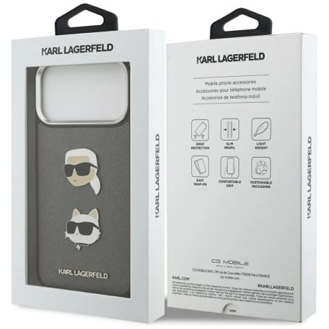 Etui Karl Lagerfeld FW Grained Karl & Choupette Heads Pins & Logo na iPhone 17 Pro Max - szare