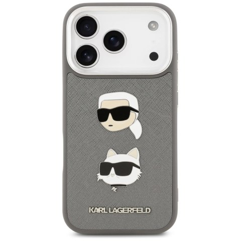 Etui Karl Lagerfeld FW Grained Karl & Choupette Heads Pins & Logo na iPhone 17 Pro - szare