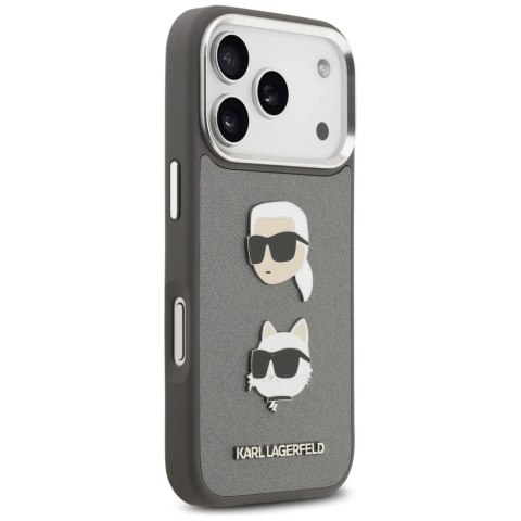 Etui Karl Lagerfeld FW Grained Karl & Choupette Heads Pins & Logo na iPhone 17 Pro - szare