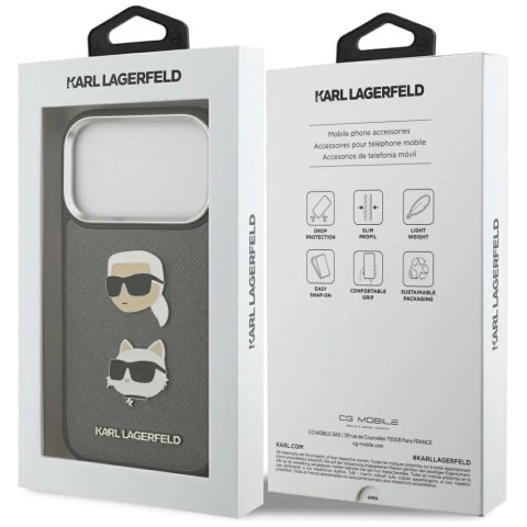 Etui Karl Lagerfeld FW Grained Karl & Choupette Heads Pins & Logo na iPhone 17 Pro - szare