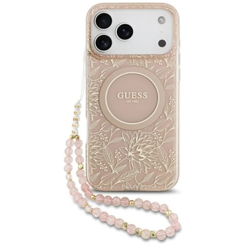 Etui Guess IML Flowers Electro Pearl Strap MagSafe do iPhone 17 Pro Max - różowe