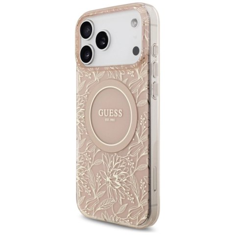 Etui Guess IML Flowers Electro Pearl Strap MagSafe do iPhone 17 Pro Max - różowe