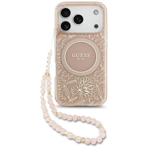 Etui Guess IML Flowers Electro Pearl Strap MagSafe do iPhone 17 Pro - różowe