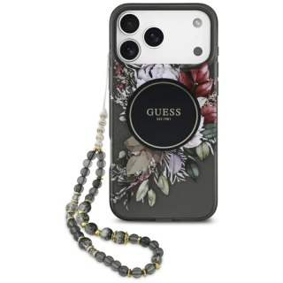 Etui Guess IML Flowers Pearl Strap MagSafe do iPhone 17 Pro Max - czarne