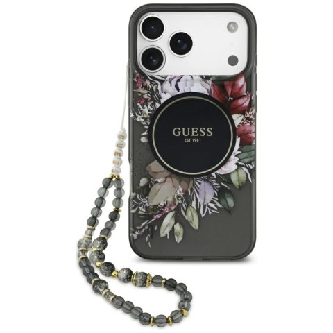 Etui Guess IML Flowers Pearl Strap MagSafe do iPhone 17 Pro Max - czarne